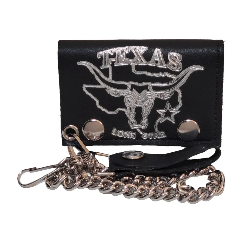 Mens Leather Trifold Wallet TEXAS LONE STAR LONGHORN Biker Chain NWT Made in USA